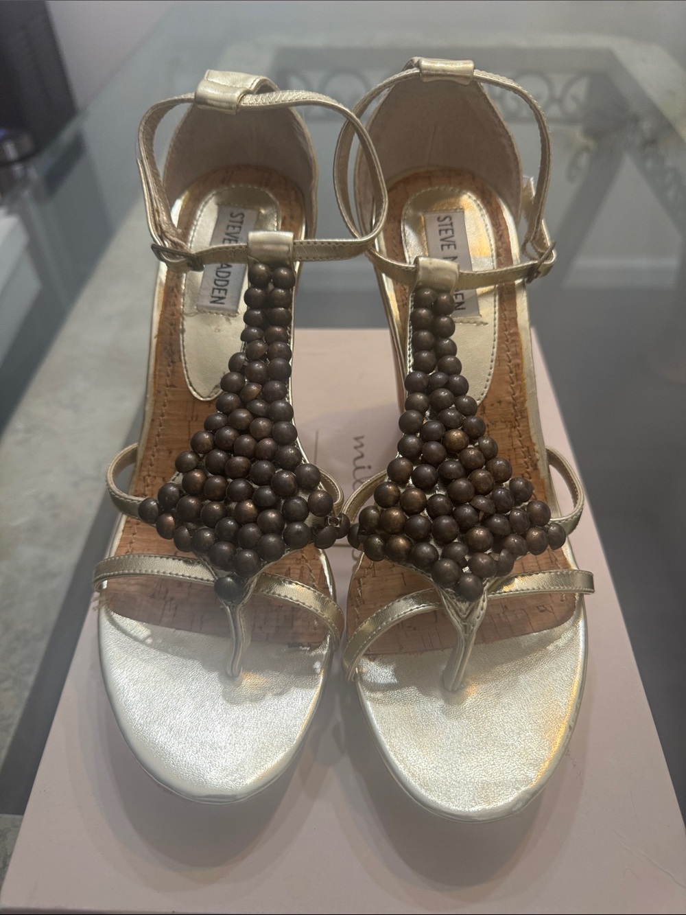 Steve Madden Gold T-Strap Heeled Sandals with Brown Bead Detail